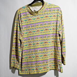 IVY VTG 80s 90s Yellow‎ Aztec AOP Shirt Surf Retro Mock Neck Cotton Mens L Funky